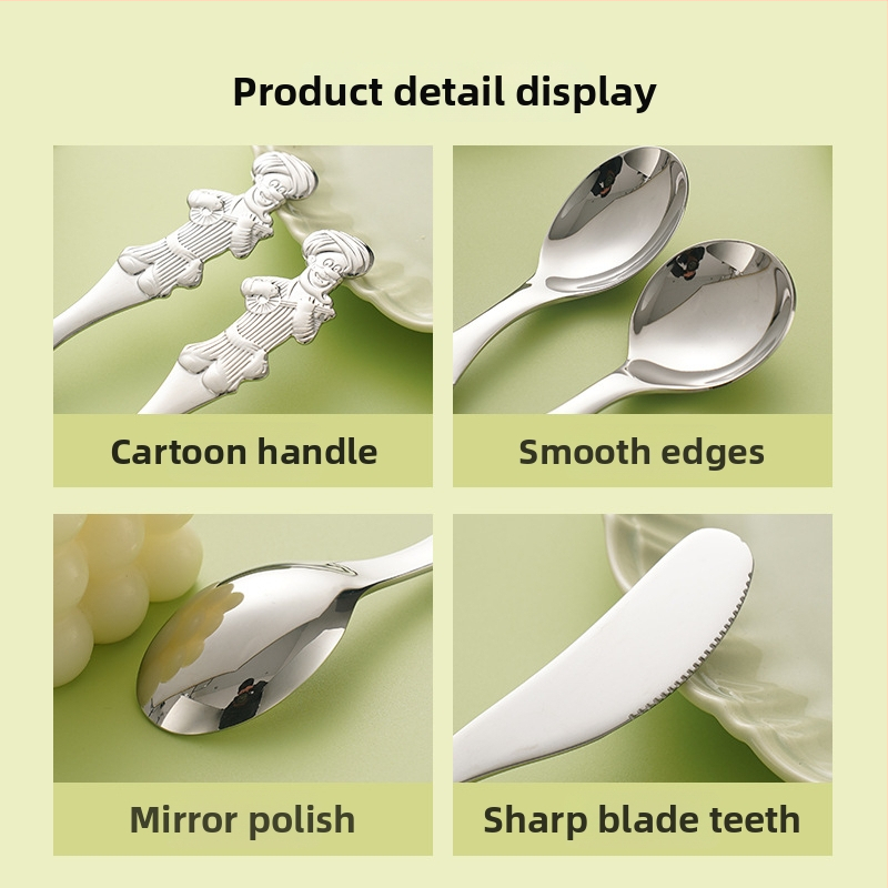 Set de tacâmuri din oțel inoxidabil 304 pentru copii – cuțit, furculiță și lingură cu design desen animat
