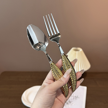 Set tacâmuri din oțel inoxidabil 304, mâner ceramic în formă de penă, cuțit, furculiță, lingură și lingură de supă rotundă