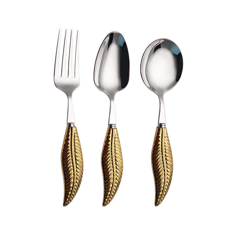 Set tacâmuri din oțel inoxidabil 304, mâner ceramic în formă de penă, cuțit, furculiță, lingură și lingură de supă rotundă