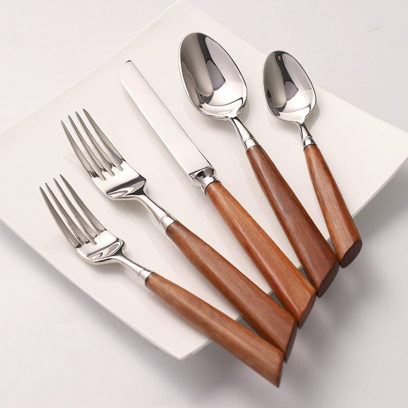 Set de tacâmuri din oțel inoxidabil 304, seria Tang Dynasty – cuțit pentru friptură, furculiță, lingură și linguriță de desert, cu mâner din lemn roșu