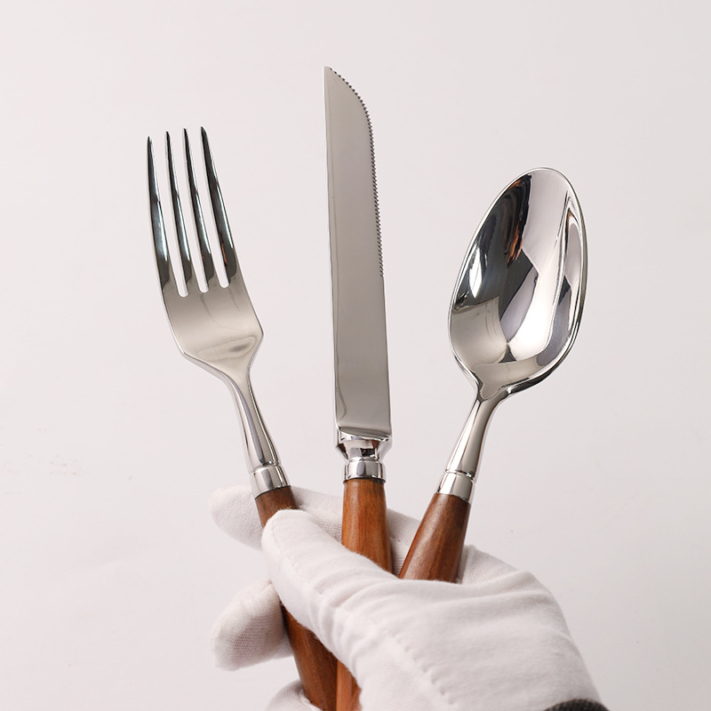 Set de tacâmuri din oțel inoxidabil 304, seria Tang Dynasty – cuțit pentru friptură, furculiță, lingură și linguriță de desert, cu mâner din lemn roșu