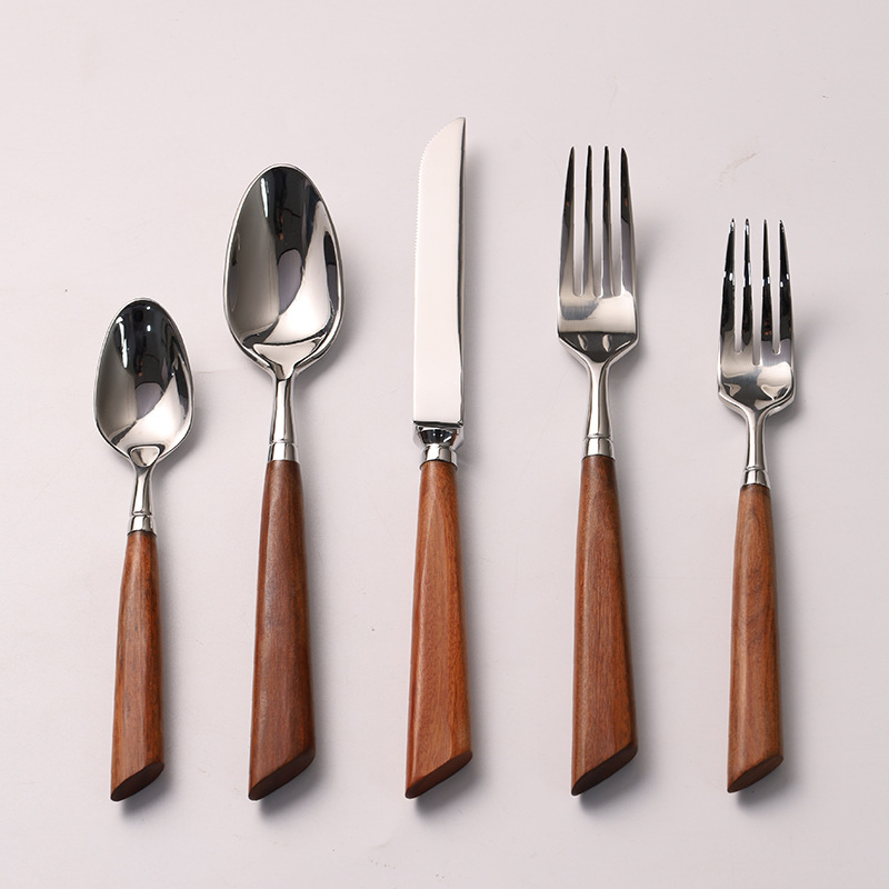Set de tacâmuri din oțel inoxidabil 304, seria Tang Dynasty – cuțit pentru friptură, furculiță, lingură și linguriță de desert, cu mâner din lemn roșu