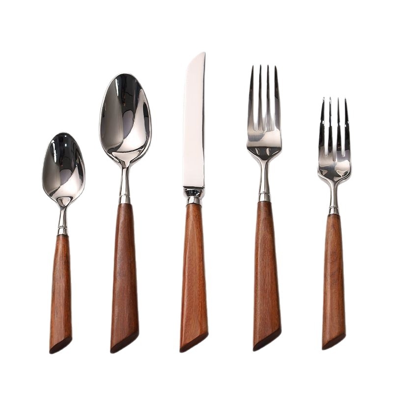 Set de tacâmuri din oțel inoxidabil 304, seria Tang Dynasty – cuțit pentru friptură, furculiță, lingură și linguriță de desert, cu mâner din lemn roșu