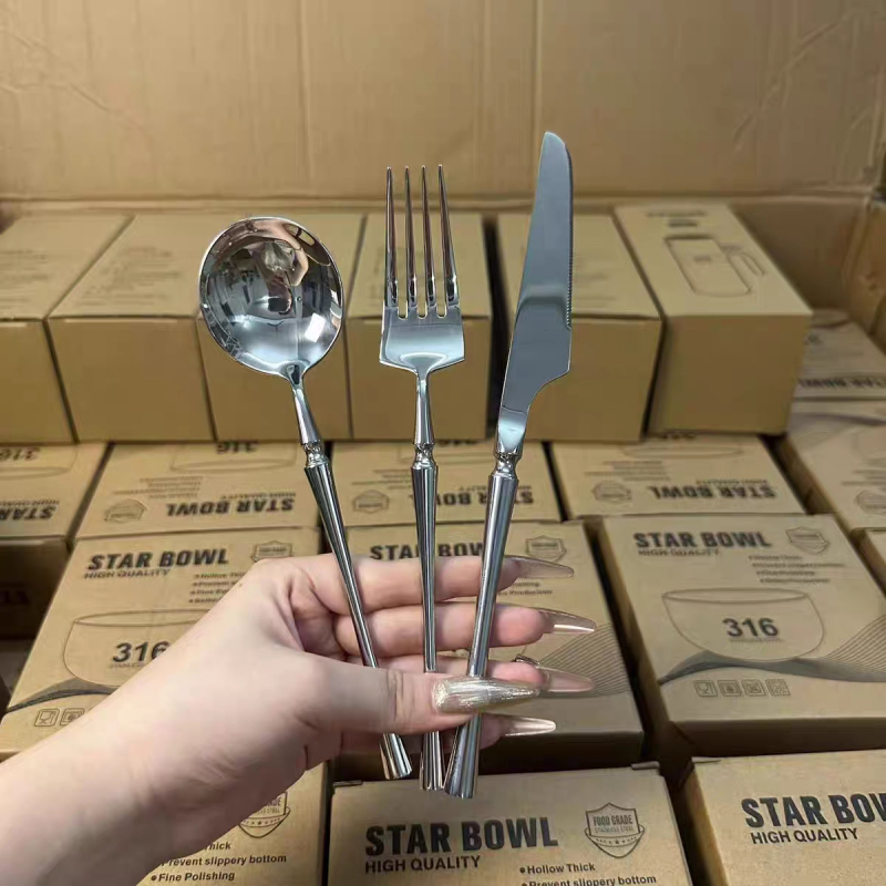 Set tacâmuri din oțel inoxidabil 304, finisaj oglindit, design gros: cuțit pentru steak, furculiță, linguri, furculiță pentru fructe, lingură de supă, lingură de desert