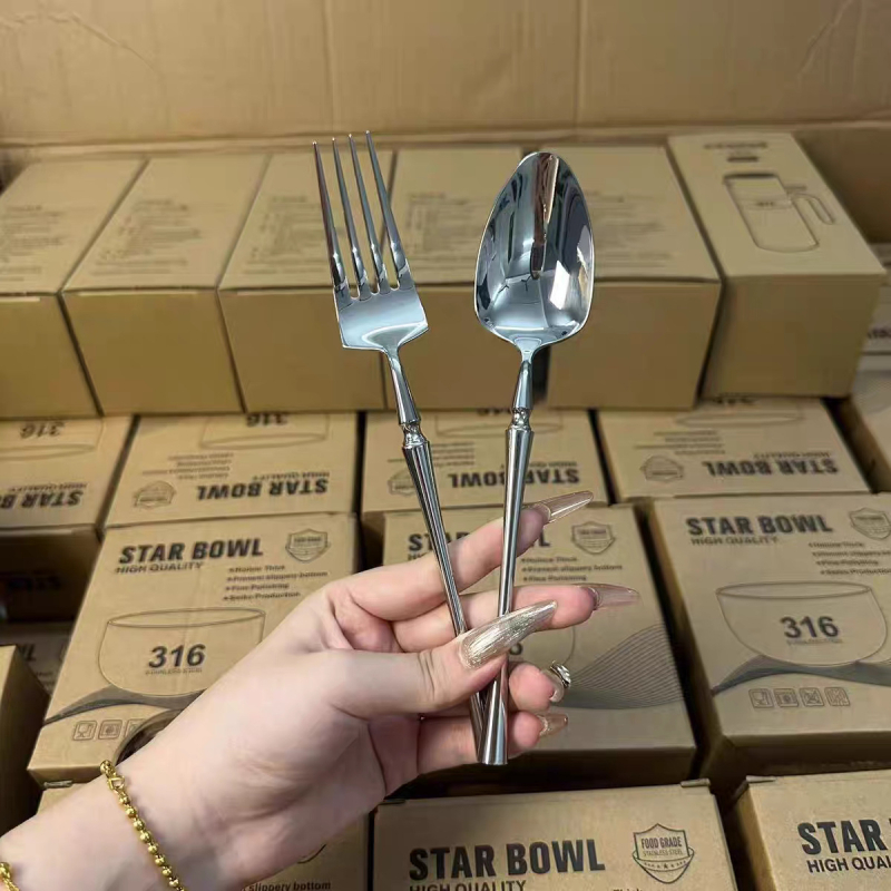 Set tacâmuri din oțel inoxidabil 304, finisaj oglindit, design gros: cuțit pentru steak, furculiță, linguri, furculiță pentru fructe, lingură de supă, lingură de desert