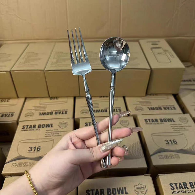 Set tacâmuri din oțel inoxidabil 304, finisaj oglindit, design gros: cuțit pentru steak, furculiță, linguri, furculiță pentru fructe, lingură de supă, lingură de desert