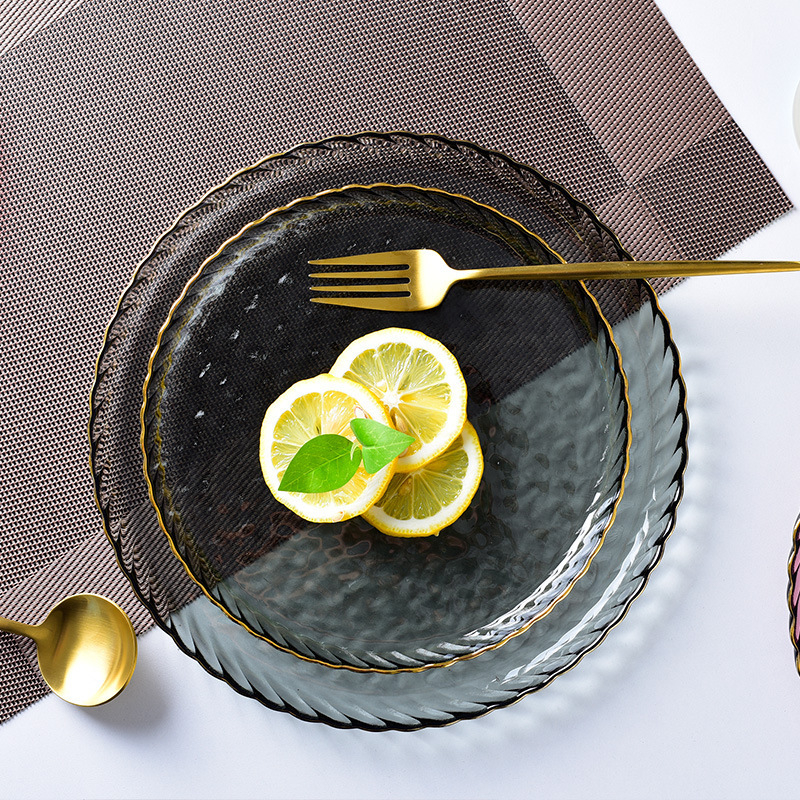 Platou pentru fructe din sticlă, margine aurie, stil nordic, platou creativ pentru fructe, salate și steak, pentru uz casnic
