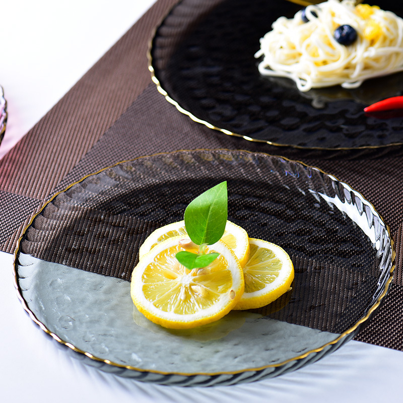 Platou pentru fructe din sticlă, margine aurie, stil nordic, platou creativ pentru fructe, salate și steak, pentru uz casnic