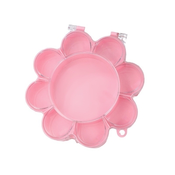 Cutie transparentă din plastic cu floare roz și iepuraș, capac rabatabil, compartimente pentru bijuterii și accesorii, design în stil castel