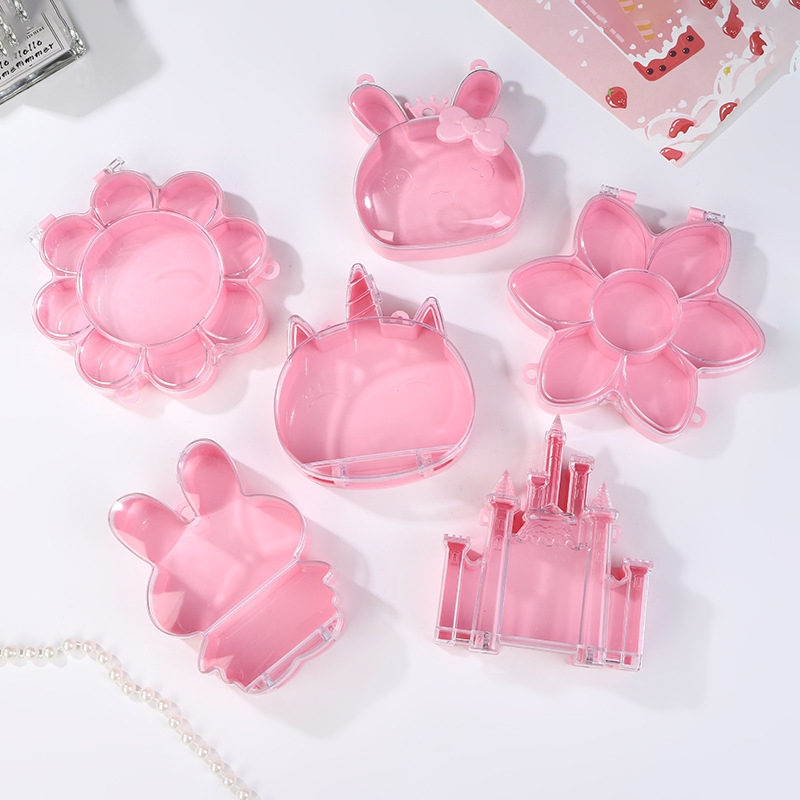 Cutie transparentă din plastic cu floare roz și iepuraș, capac rabatabil, compartimente pentru bijuterii și accesorii, design în stil castel