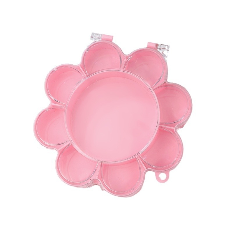 Cutie transparentă din plastic cu floare roz și iepuraș, capac rabatabil, compartimente pentru bijuterii și accesorii, design în stil castel