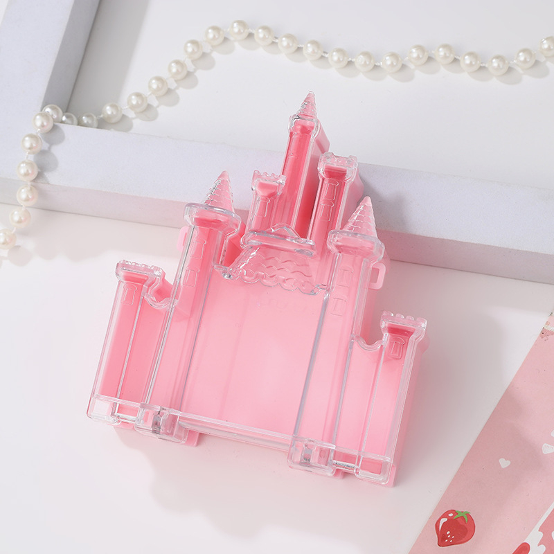 Cutie transparentă din plastic cu floare roz și iepuraș, capac rabatabil, compartimente pentru bijuterii și accesorii, design în stil castel