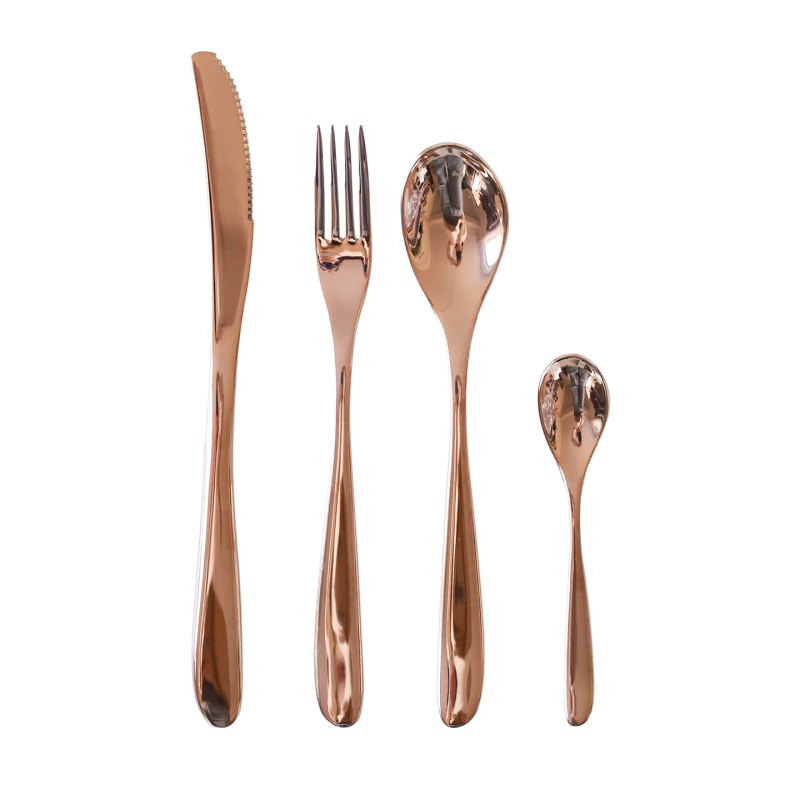 Set de tacâmuri din oțel inoxidabil 304, aur roz, patru piese: cuțit de steak, furculiță, lingură și linguriță, stil franțuzesc
