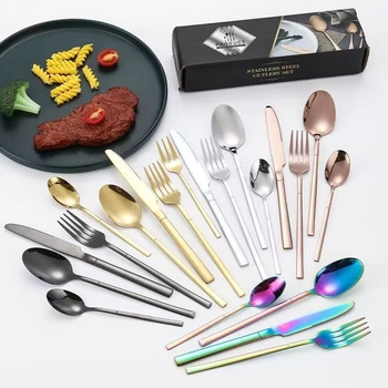 Set de tacâmuri din oțel inoxidabil, în stil cavaleresc: cuțit, furculiță și lingură pentru hoteluri și restaurante, multicolor, oțel 410