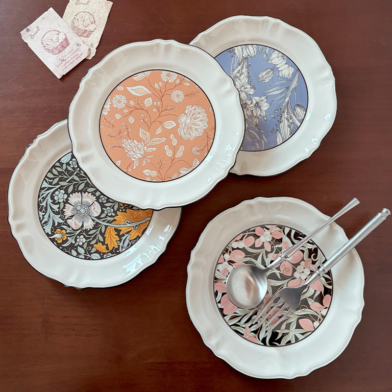 Farfurie de porțelan cu flori – farfurie plată cu model floral pentru mic dejun, deserturi și produse de patiserie