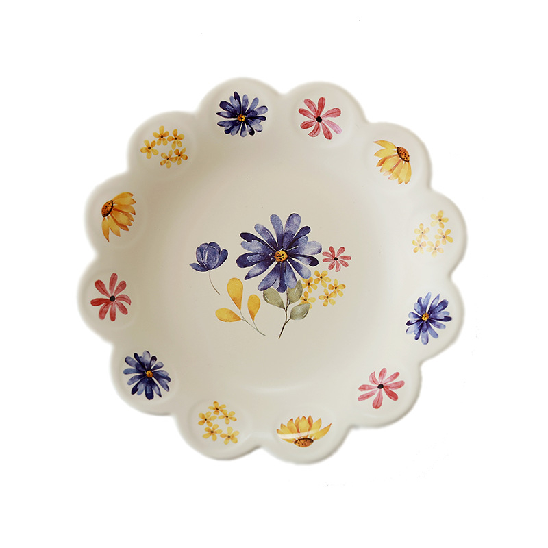 Farfurie ceramică în stil coreean, cu dantelă florală, pentru deserturi, prăjituri, mic dejun și fructe
