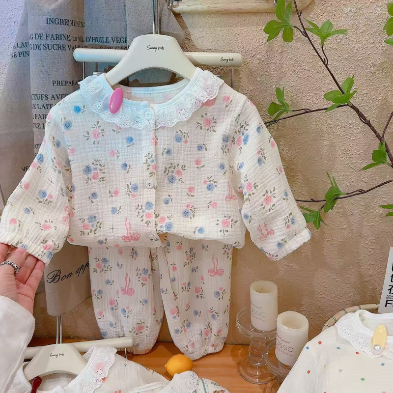 Gyerekek nyári két réteg pamut géz pizsama szett, könnyű, két részes