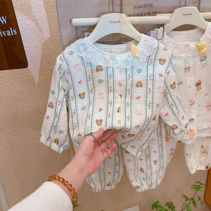 Gyerekek nyári két réteg pamut géz pizsama szett, könnyű, két részes