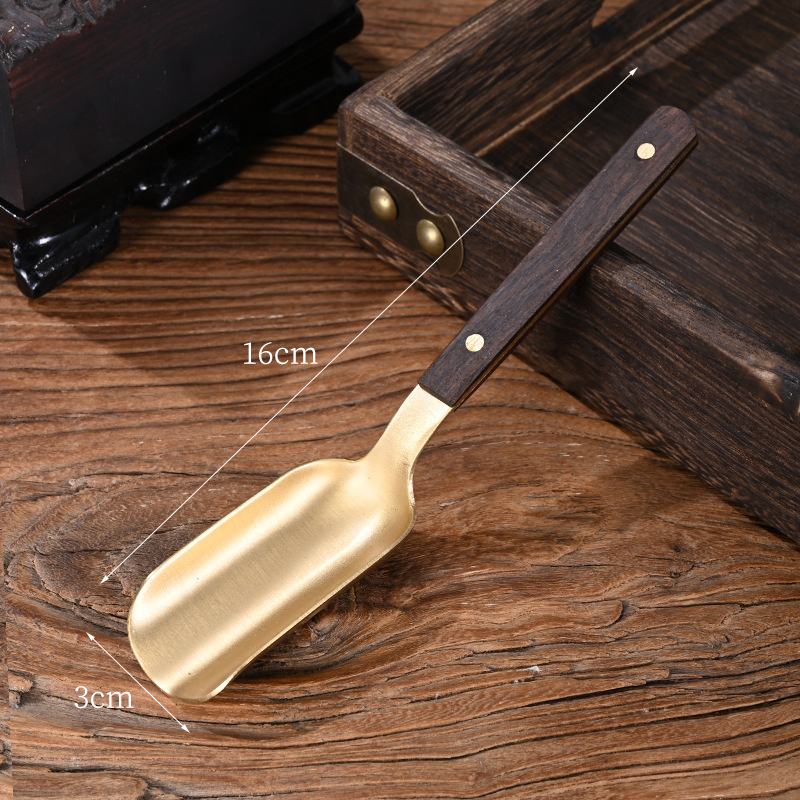 Lingură de ceai din lemn de abanos și cupru, cu clips – set vintage accesorii pentru ceai