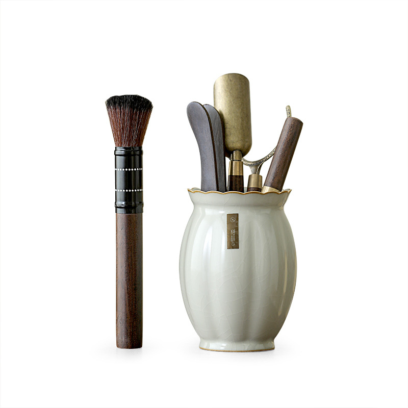 Set ceremonie ceai cu șase domni, recipient ceramic pentru ceai și accesorii: lingură de ceai, clips și ac de bambus pentru ceai