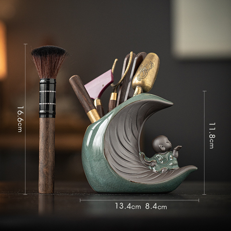 Set pentru ceremonia ceaiului: Şase Domni, accesorii Gongfu, set ceramic pentru ceai, clips pentru ceai din lemn ebony și răzuitor pentru ceai, design inspirat Zen