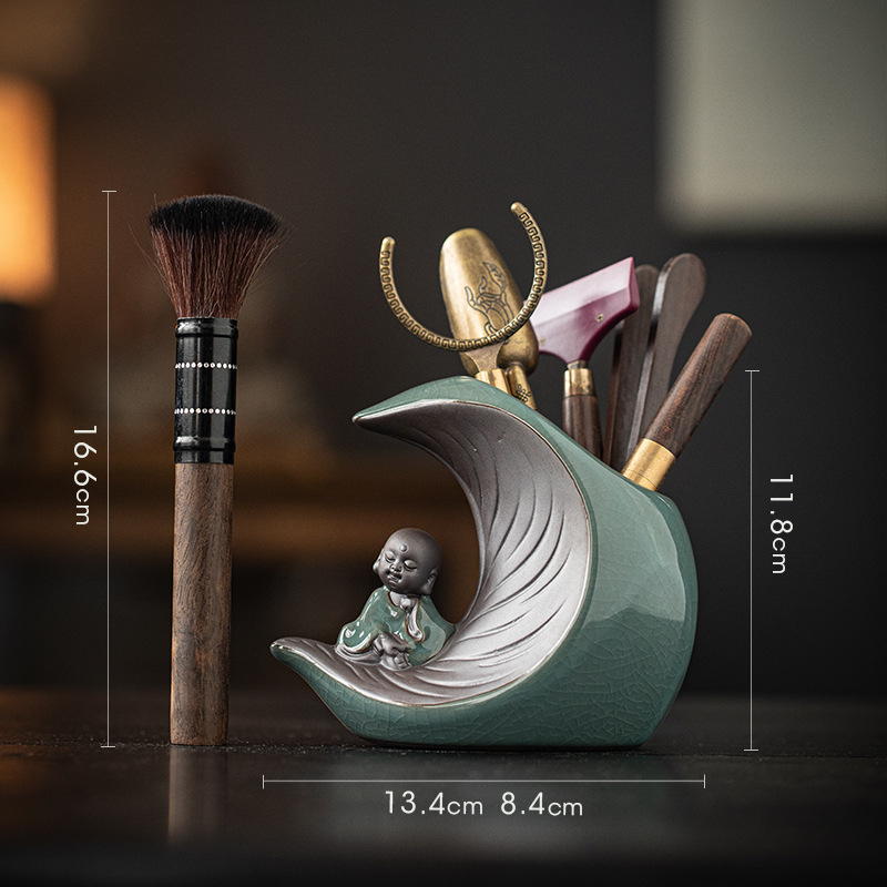 Set pentru ceremonia ceaiului: Şase Domni, accesorii Gongfu, set ceramic pentru ceai, clips pentru ceai din lemn ebony și răzuitor pentru ceai, design inspirat Zen