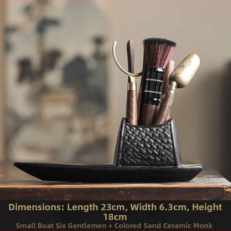 Set ceai ceremonie Six Gentlemen — filtru de ceai ceramic integrat, figurină de călugăr mică, ac de ceai și clips din lemn de abanos