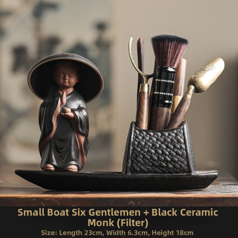 Set ceai ceremonie Six Gentlemen — filtru de ceai ceramic integrat, figurină de călugăr mică, ac de ceai și clips din lemn de abanos