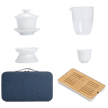 Set de ceai din porțelan alb pentru ceremonii, portabil pentru casă și călătorii, vas ceramic cu capac, tavă din bambus și accesorii, cadou