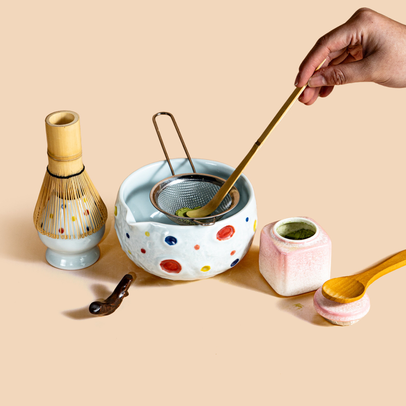 Set ceramic de matcha Planet cu tel de amestec, suport, lingură și bol în stilul dinastiei Song
