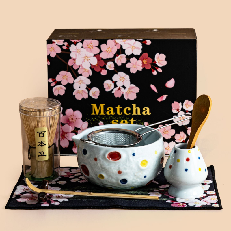 Set ceramic de matcha Planet cu tel de amestec, suport, lingură și bol în stilul dinastiei Song