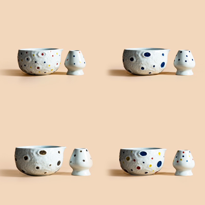 Set ceramic de matcha Planet cu tel de amestec, suport, lingură și bol în stilul dinastiei Song