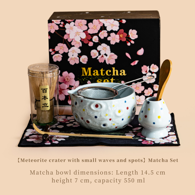 Set ceramic de matcha Planet cu tel de amestec, suport, lingură și bol în stilul dinastiei Song