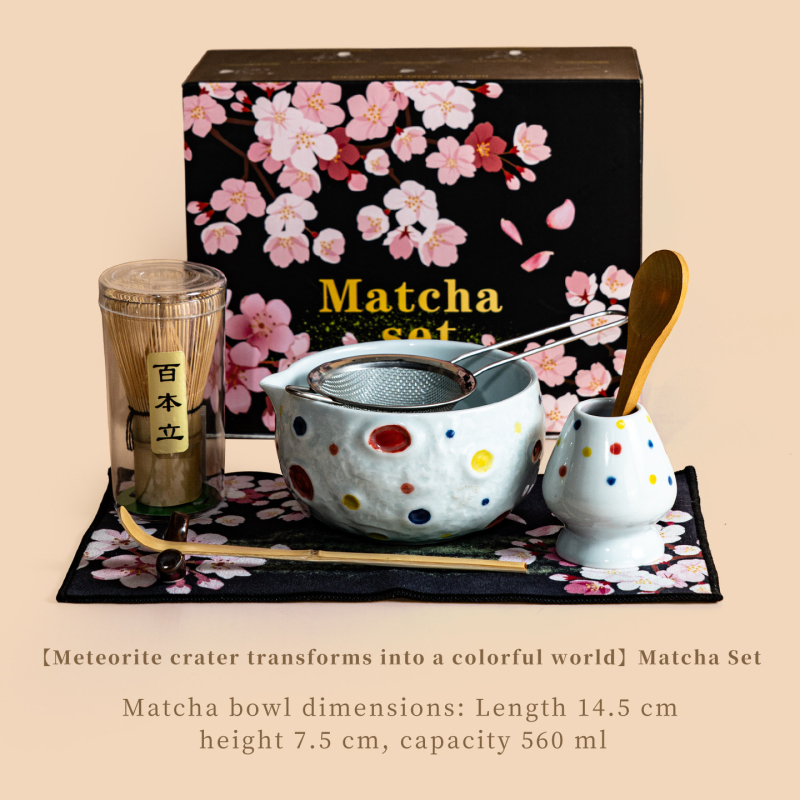 Set ceramic de matcha Planet cu tel de amestec, suport, lingură și bol în stilul dinastiei Song