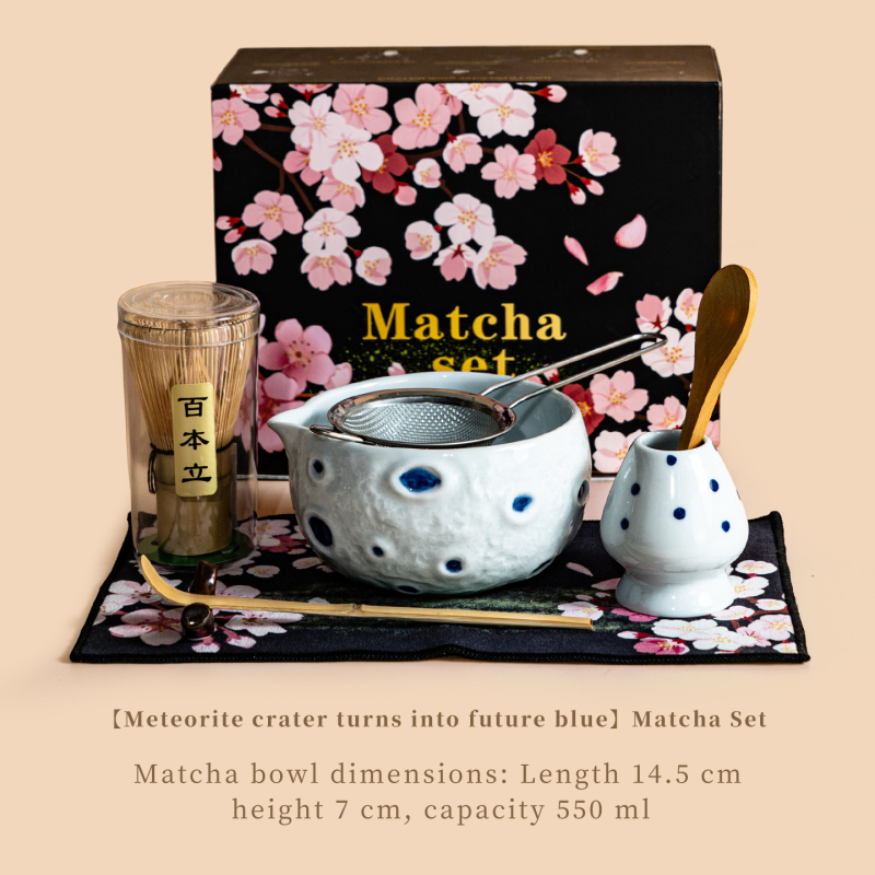 Set ceramic de matcha Planet cu tel de amestec, suport, lingură și bol în stilul dinastiei Song