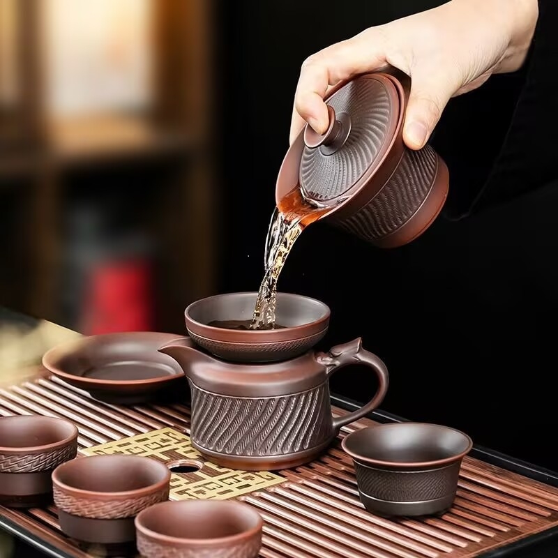 Set Kung Fu din lut mov din Yunnan, cu ceainic și cești, în cutie cadou – set de ceai din lut mov pentru casă și birou