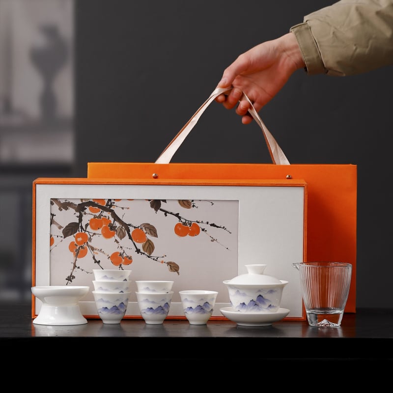 Set de ceai din porțelan alb, cu design Sheep Fat Jade, ceainic și cești în stil chinezesc, pentru uz casnic, cutie cadou