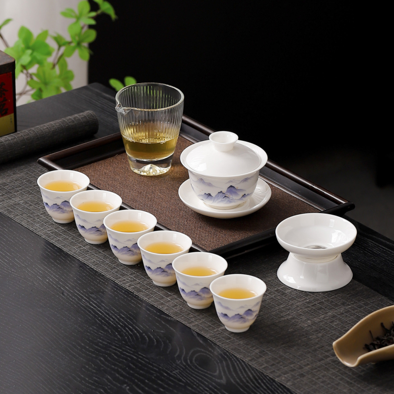 Set de ceai din porțelan alb, cu design Sheep Fat Jade, ceainic și cești în stil chinezesc, pentru uz casnic, cutie cadou