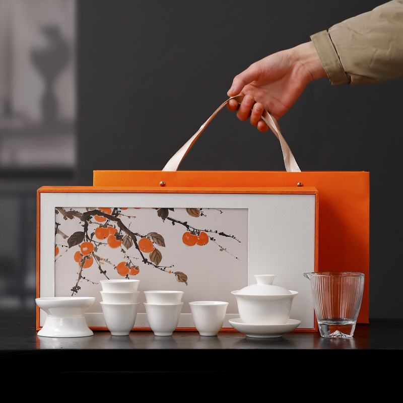 Set de ceai din porțelan alb, cu design Sheep Fat Jade, ceainic și cești în stil chinezesc, pentru uz casnic, cutie cadou