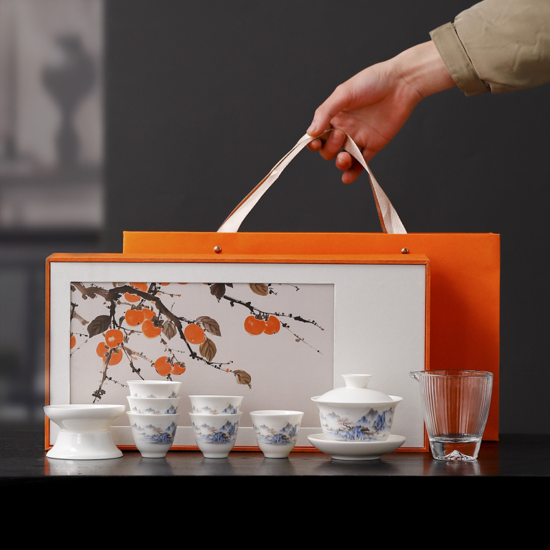 Set de ceai din porțelan alb, cu design Sheep Fat Jade, ceainic și cești în stil chinezesc, pentru uz casnic, cutie cadou
