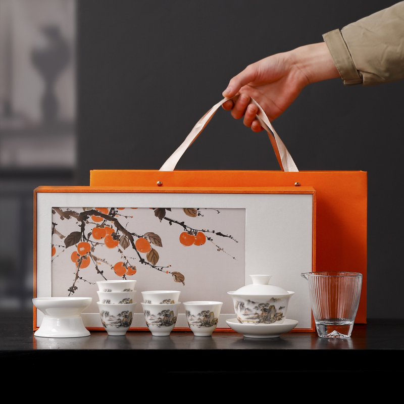 Set de ceai din porțelan alb, cu design Sheep Fat Jade, ceainic și cești în stil chinezesc, pentru uz casnic, cutie cadou