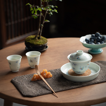 Gaiwan ceramic cu glazură verde veche, motiv fluture cu floare, dimensiune mică, stil Zen, prietenos la atingere