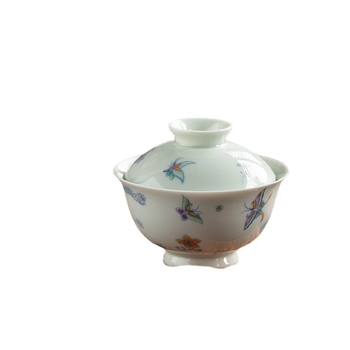 Gaiwan ceramic cu glazură verde veche, motiv fluture cu floare, dimensiune mică, stil Zen, prietenos la atingere