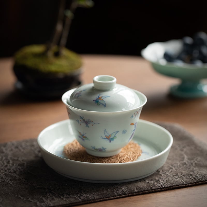 Gaiwan ceramic cu glazură verde veche, motiv fluture cu floare, dimensiune mică, stil Zen, prietenos la atingere