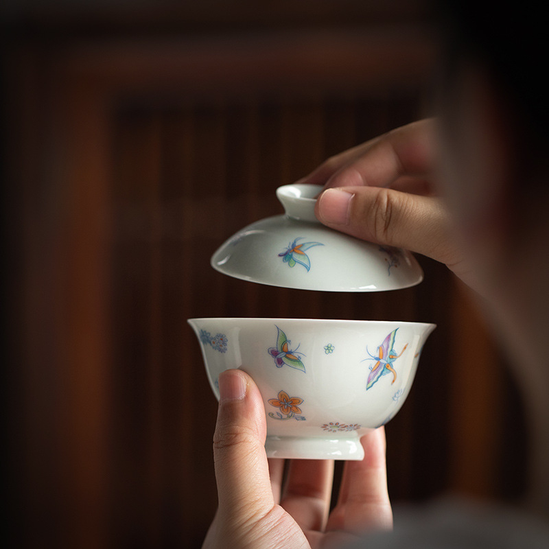 Gaiwan ceramic cu glazură verde veche, motiv fluture cu floare, dimensiune mică, stil Zen, prietenos la atingere