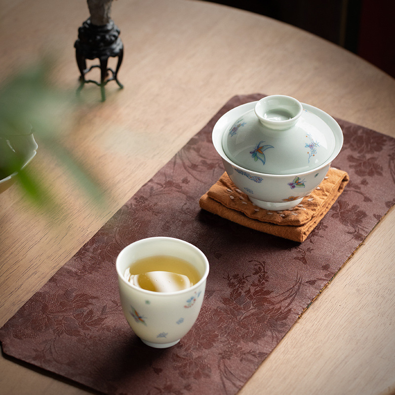 Gaiwan ceramic cu glazură verde veche, motiv fluture cu floare, dimensiune mică, stil Zen, prietenos la atingere