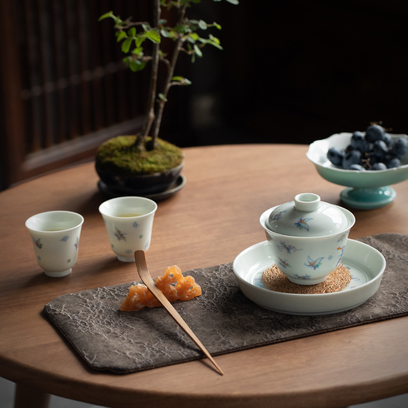 Gaiwan ceramic cu glazură verde veche, motiv fluture cu floare, dimensiune mică, stil Zen, prietenos la atingere