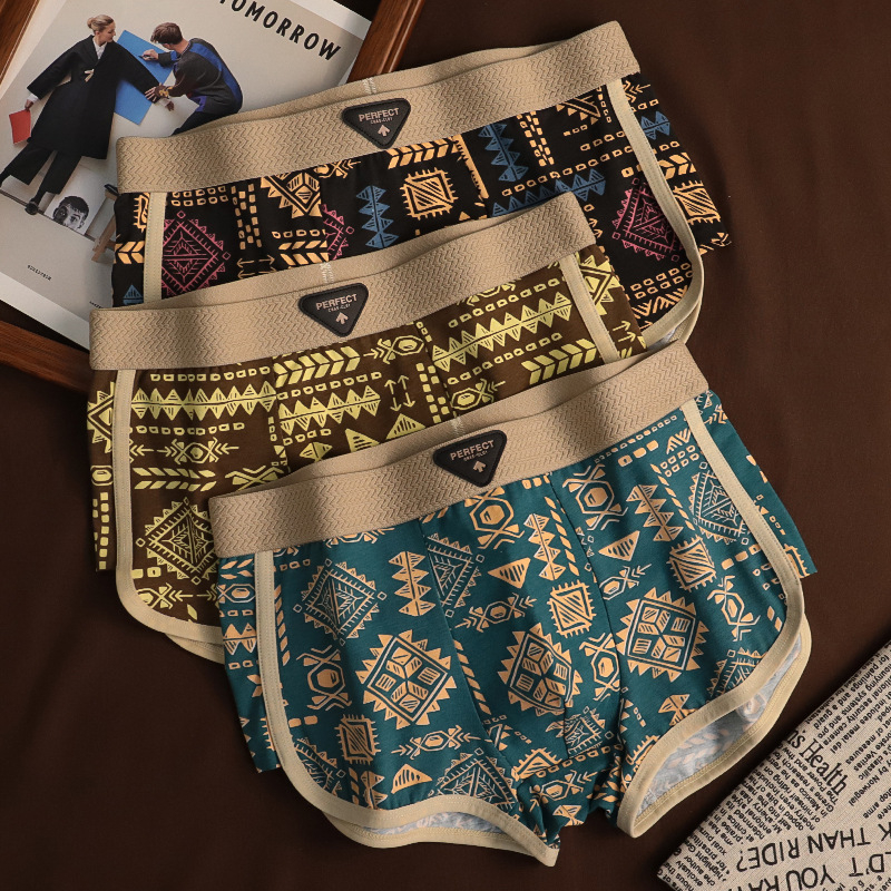 Višekomponentni set muških pamuk bokserica, proljeće-ljeto, retro totem motiv, prozračan, srednje visine struka, floralni uzorak