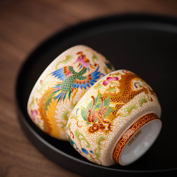 Ceașcă de ceai Gong Fu din ceramică Dehua, cloisonné dragon și phoenix, cu sârmă aurie, o singură ceașcă pentru degustare ceai