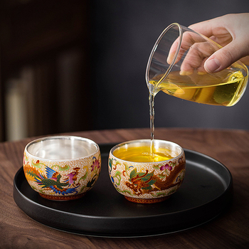 Ceașcă de ceai Gong Fu din ceramică Dehua, cloisonné dragon și phoenix, cu sârmă aurie, o singură ceașcă pentru degustare ceai